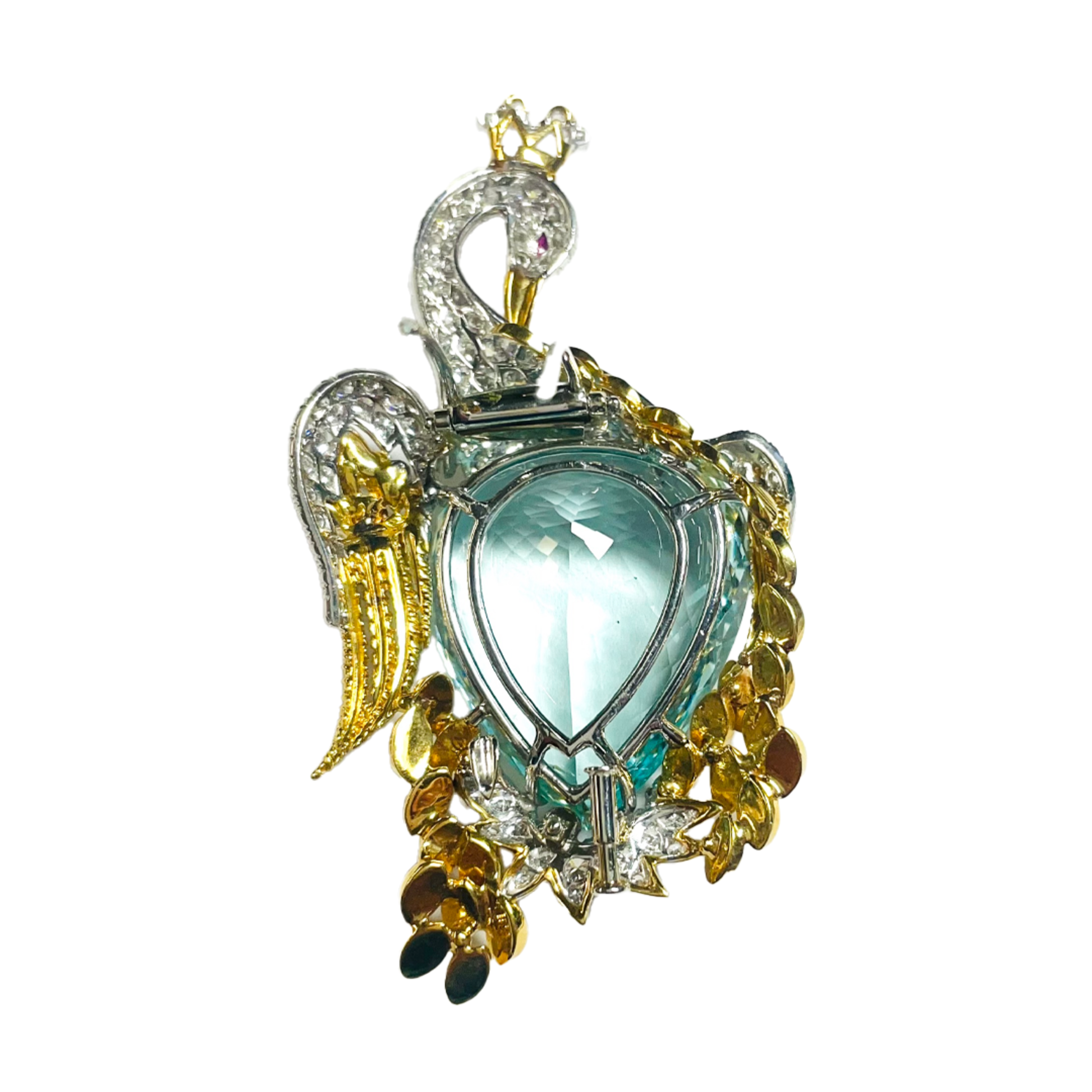 David Webb 1960s Platinum & 18KT Yellow Gold Aquamarine & Diamond Swan Brooch back