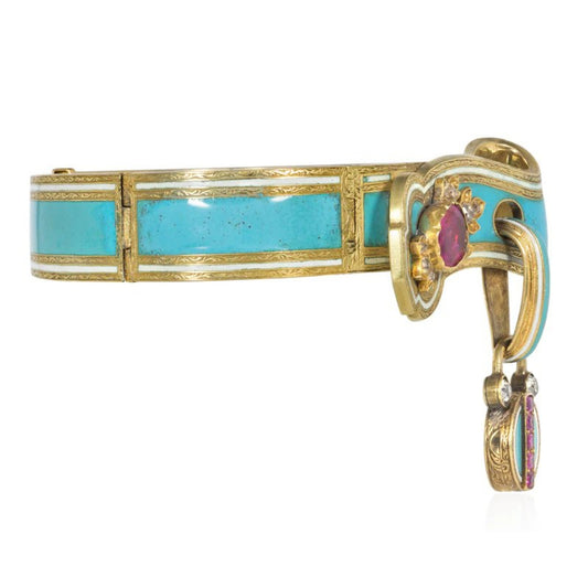 French Victorian 18KT Yellow Gold Ruby, Diamond & Enamel Padlock Bracelet side
