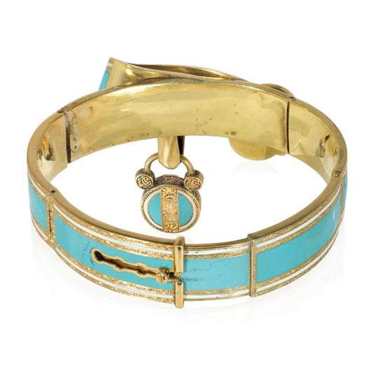 French Victorian 18KT Yellow Gold Ruby, Diamond & Enamel Padlock Bracelet back