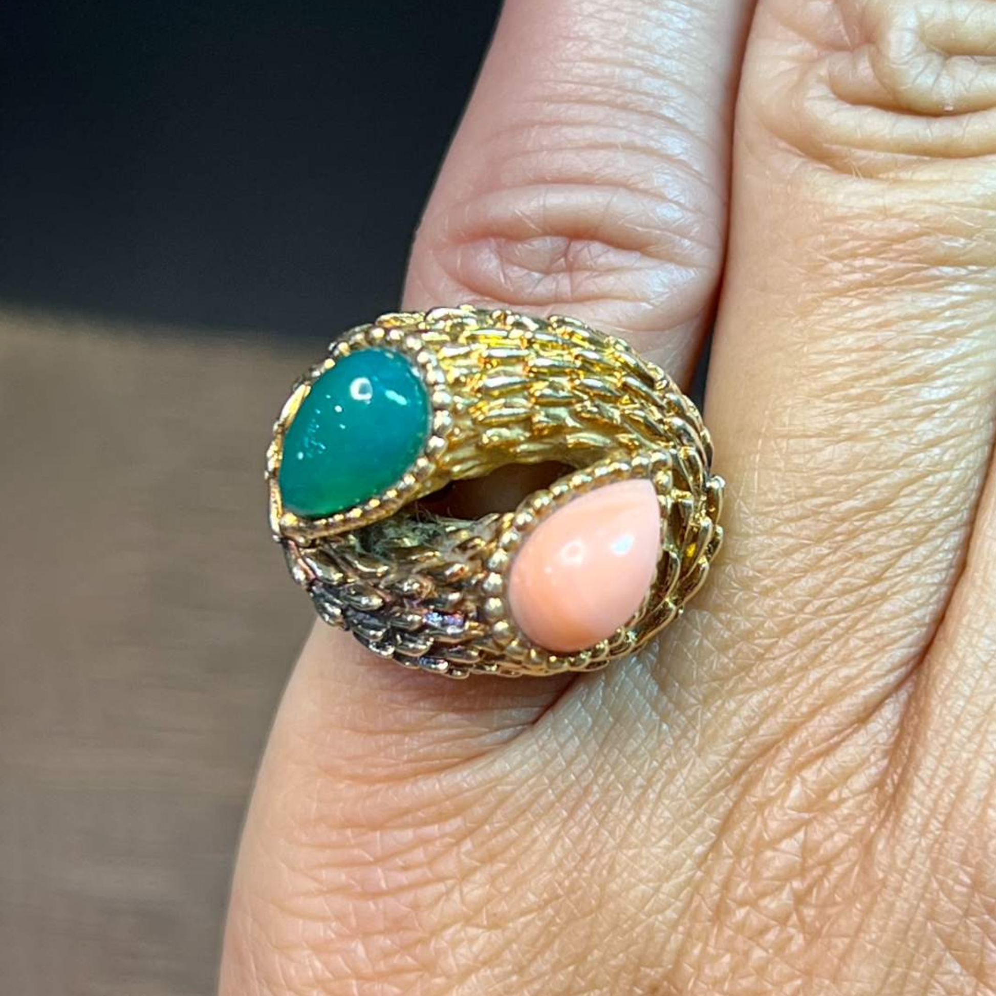 Boucheron Paris 1960s 18KT Yellow Gold Coral & Chrysoprase Ring worn on finger