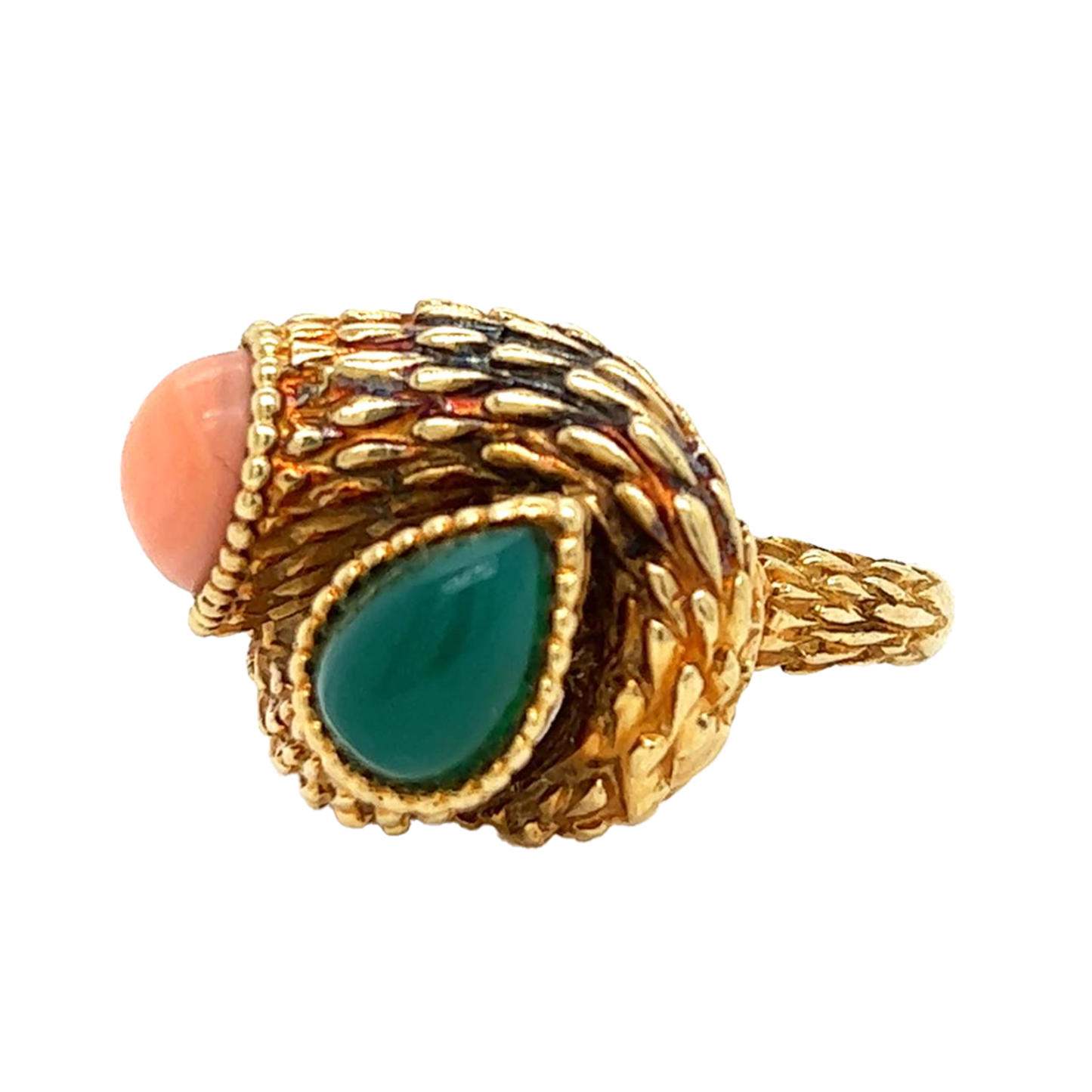 Boucheron Paris 1960s 18KT Yellow Gold Coral & Chrysoprase Ring side