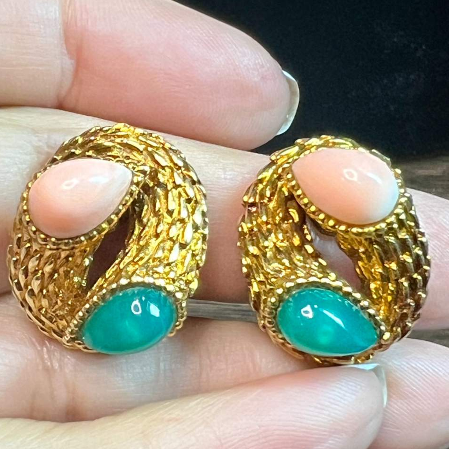 Boucheron Paris 1960s 18KT Yellow Gold Coral & Chrysoprase Earrings in hand
