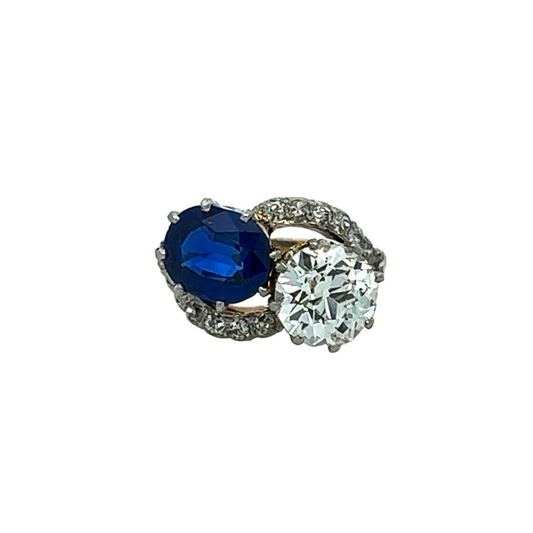 Edwardian Platinum Burma Sapphire & Diamond Bypass Ring front view