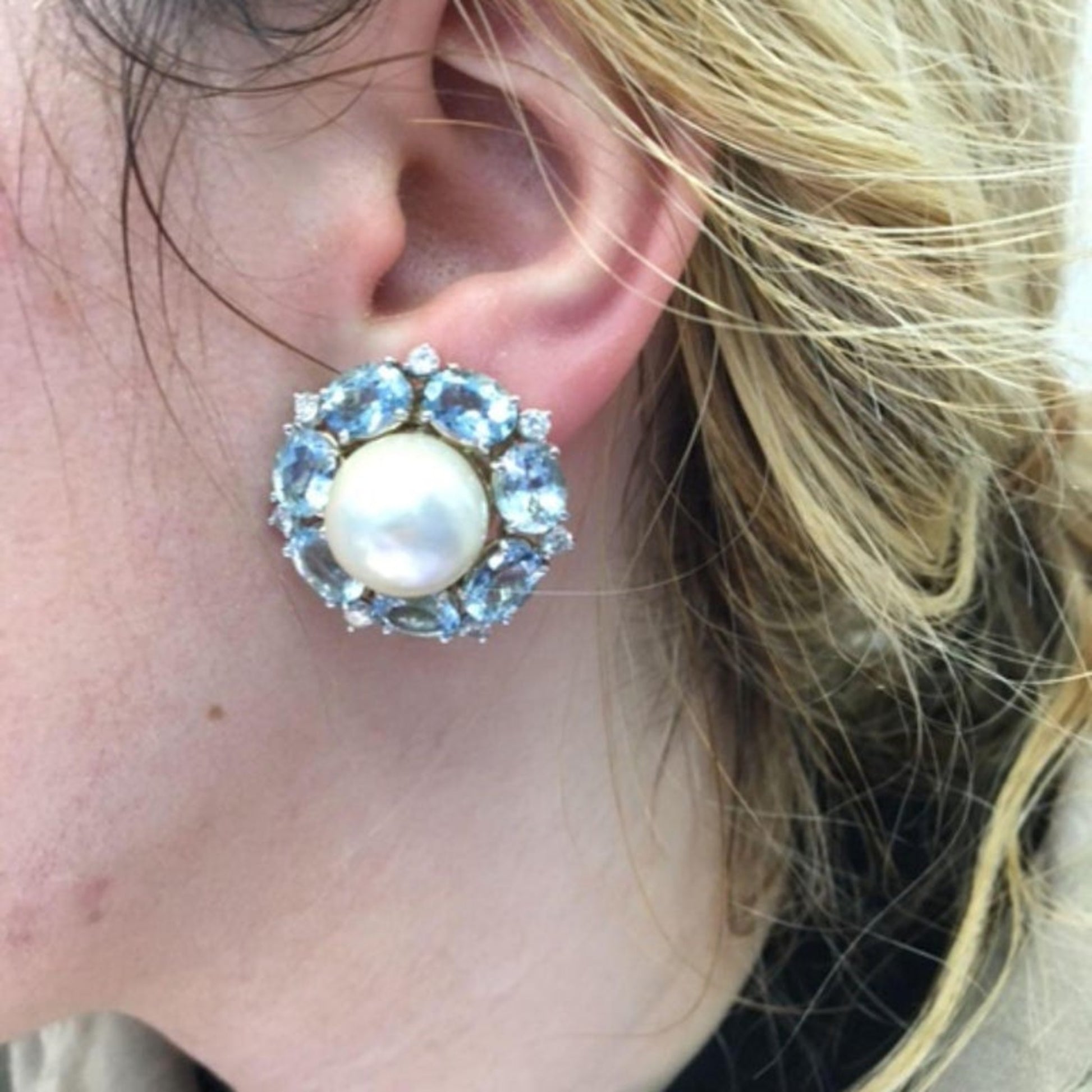 Seaman Schepps 1970s 18KT White Gold Aquamarine & Cultured Pearl Earrings worn on ear