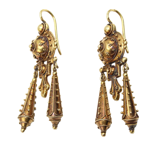 French Victorian Etruscan Revival 18KT Yellow Gold Earrings front and side