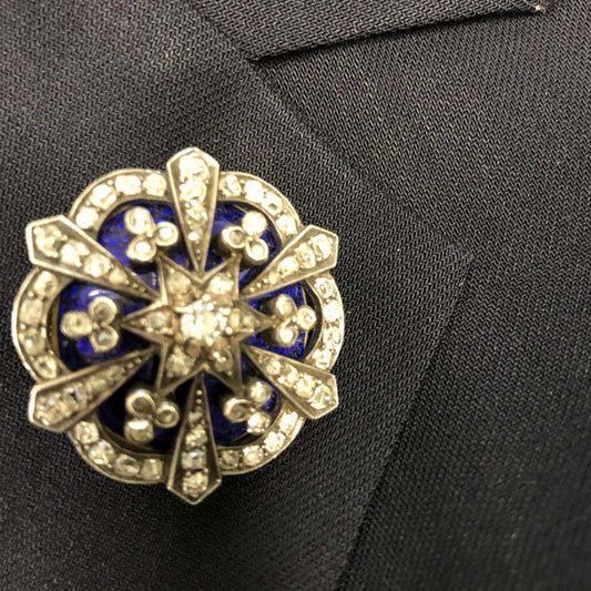 Victorian Silver & 15KT Yellow Gold Diamond & Enamel Brooch worn on lapel
