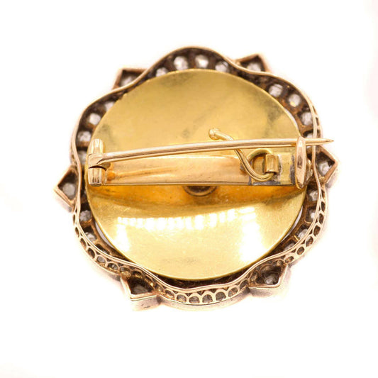 Victorian Silver & 15KT Yellow Gold Diamond & Enamel Brooch back 