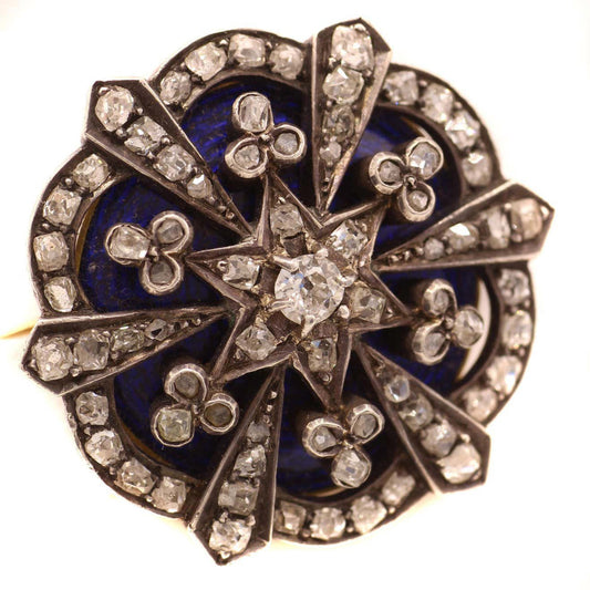 Victorian Silver & 15KT Yellow Gold Diamond & Enamel Brooch front
