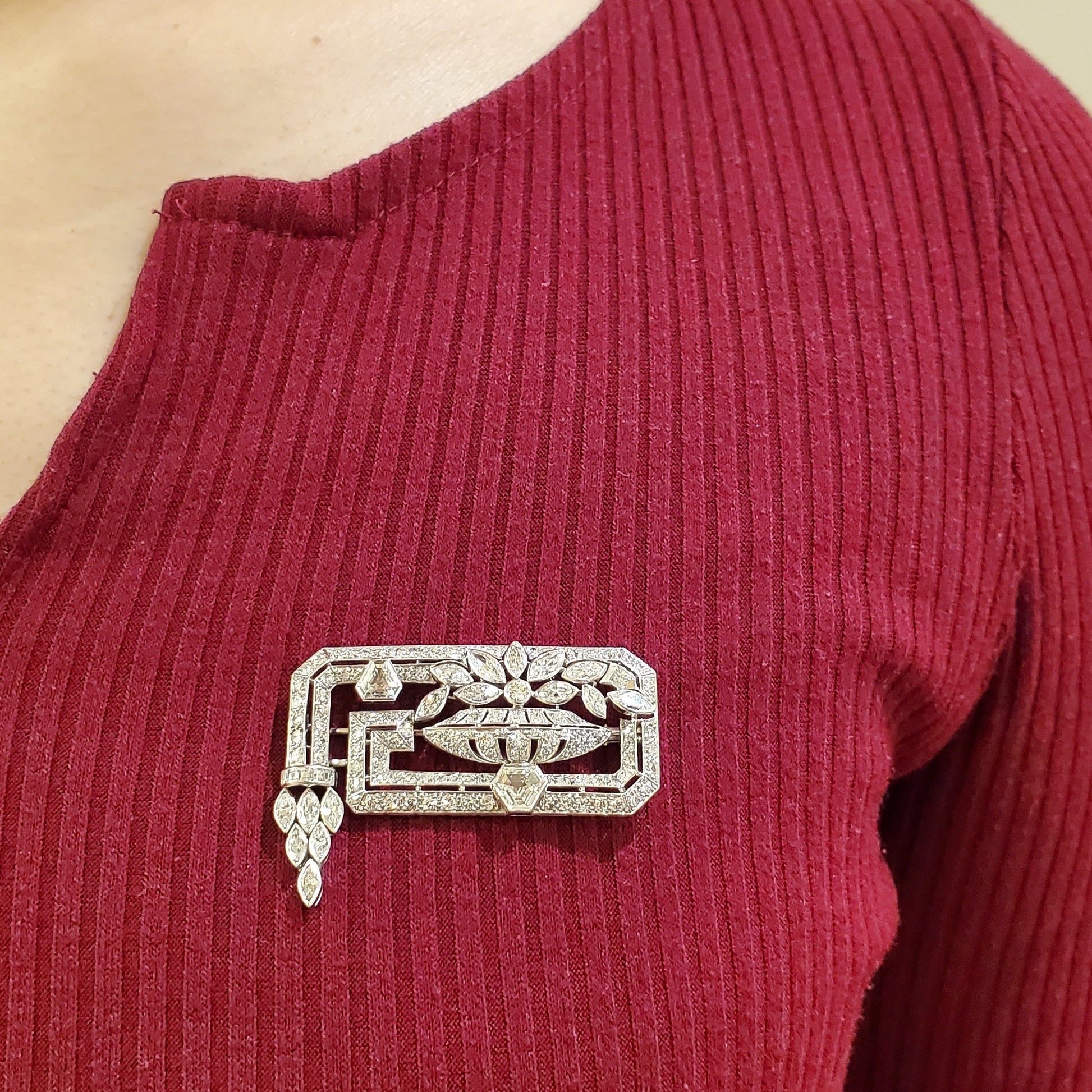 French Art Deco Platinum Diamond Brooch worn on blouse