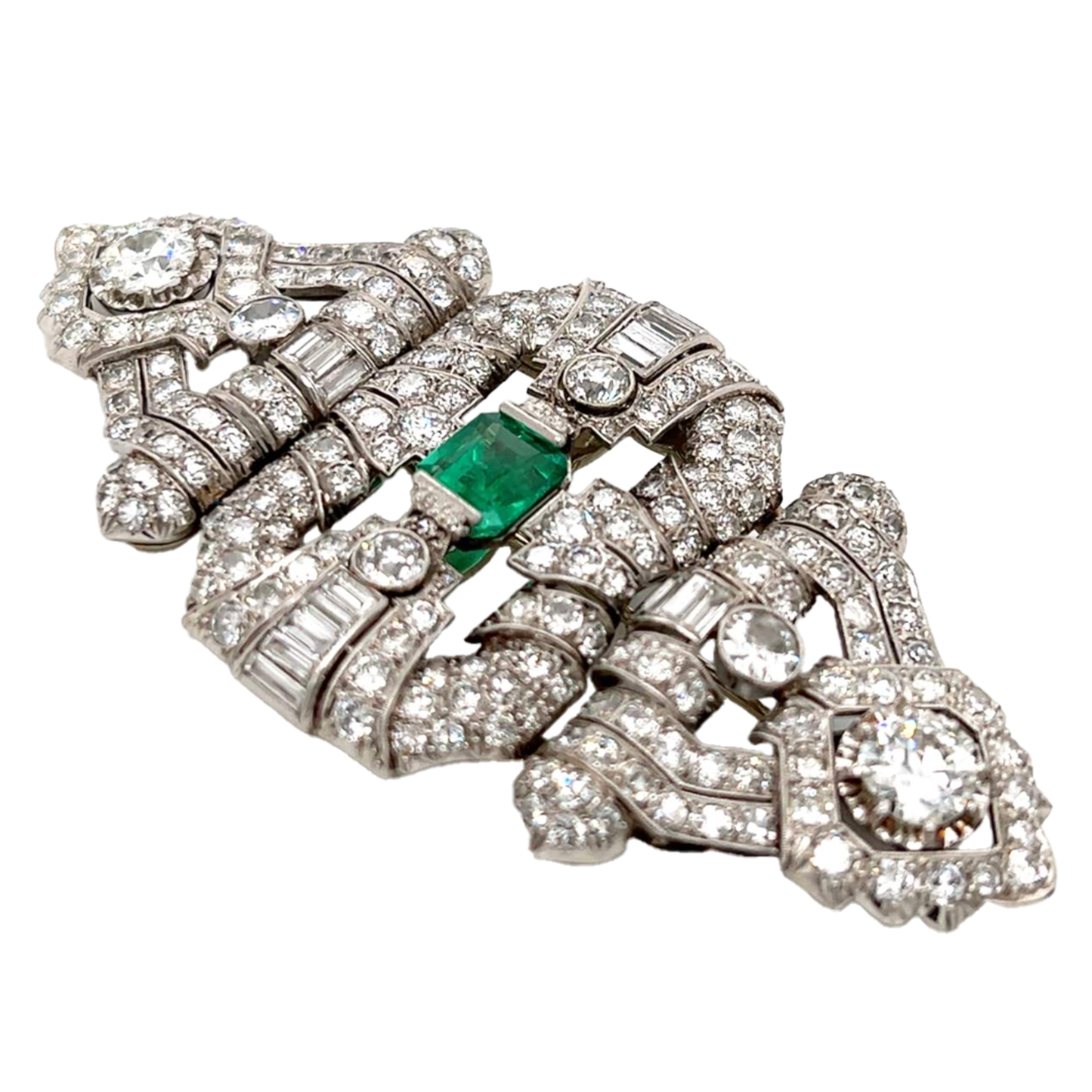 Art Deco Platinum Diamond & Emerald Brooch front side angle