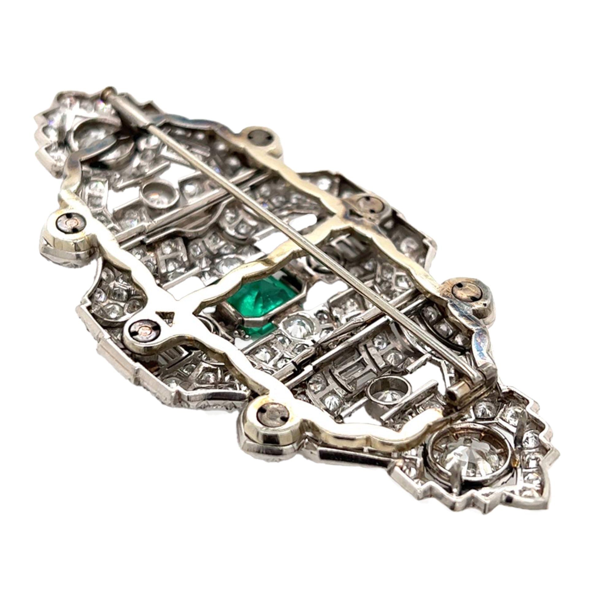 Art Deco Platinum Diamond & Emerald Brooch back view