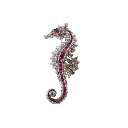 Fontana 1930s Rhodium Plated Ruby & Diamond Seahorse Brooch front