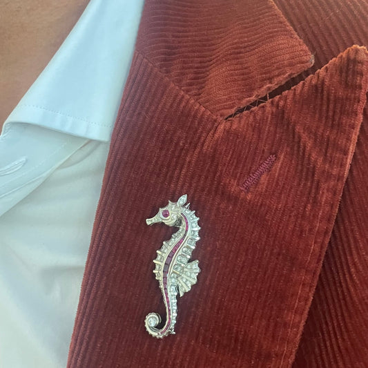 Fontana 1930s Rhodium Plated Ruby & Diamond Seahorse Brooch on lapel