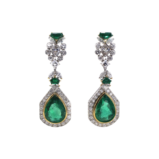 French 1980s Platinum & 18KT Yellow Gold Zambian Emerald & Diamond Earrings front