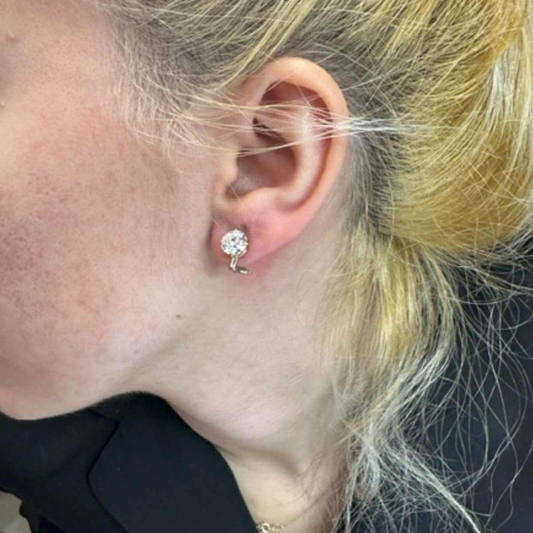 1930s 18KT Yellow Gold Diamond Earrings worn on ear