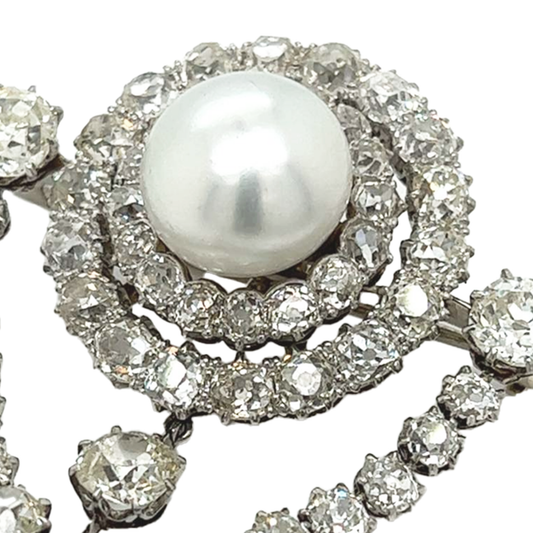 Belle Epoque Platinum Diamond & South Sea Pearl Brooch/Pendant close-up details