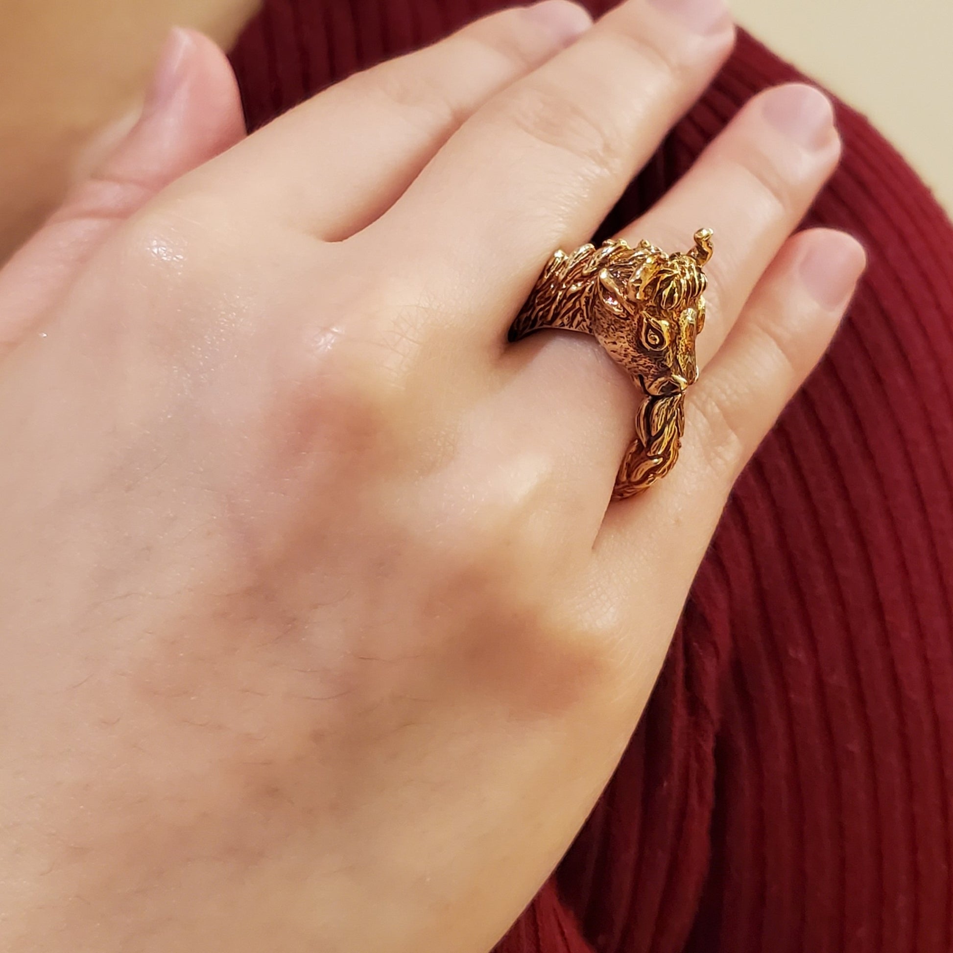 David Webb 1960s 18KT Yellow Gold Ox Ring on finger