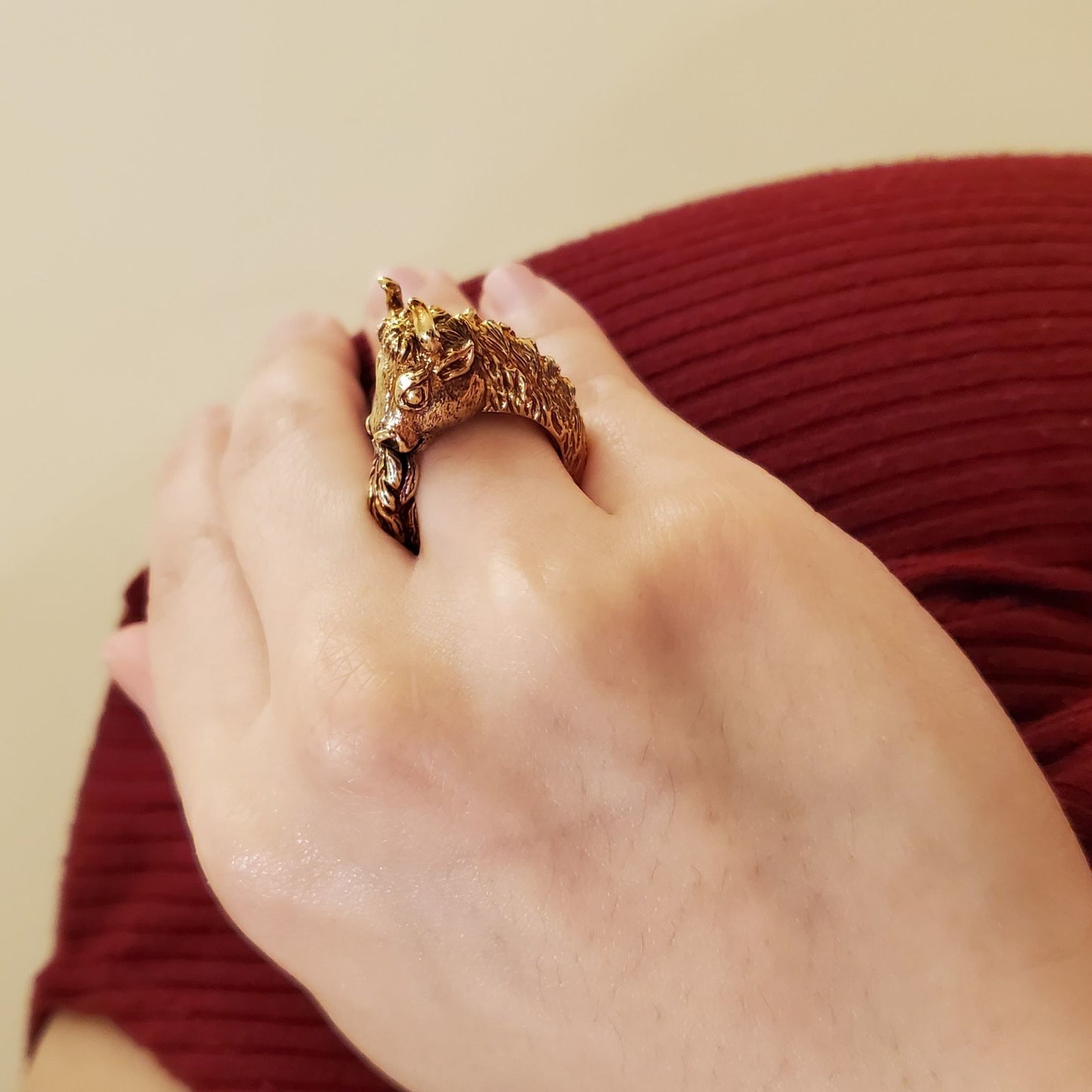 David Webb 1960s 18KT Yellow Gold Ox Ring on finger