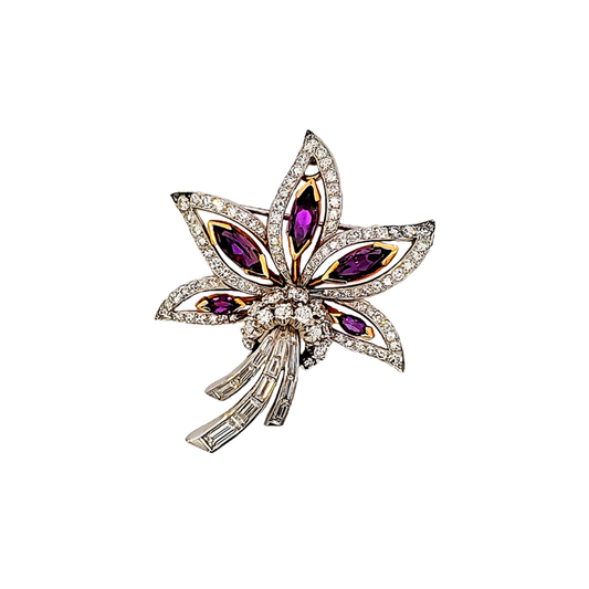 1930s Platinum & 18KT Yellow Gold Amethyst & Diamond Flower Brooch front