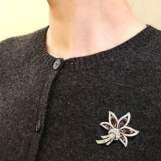1930s Platinum & 18KT Yellow Gold Amethyst & Diamond Flower Brooch worn on blouse