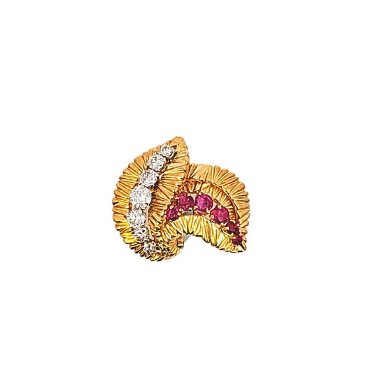 1950s 18KT Yellow Gold Ruby & Diamond Earrings front