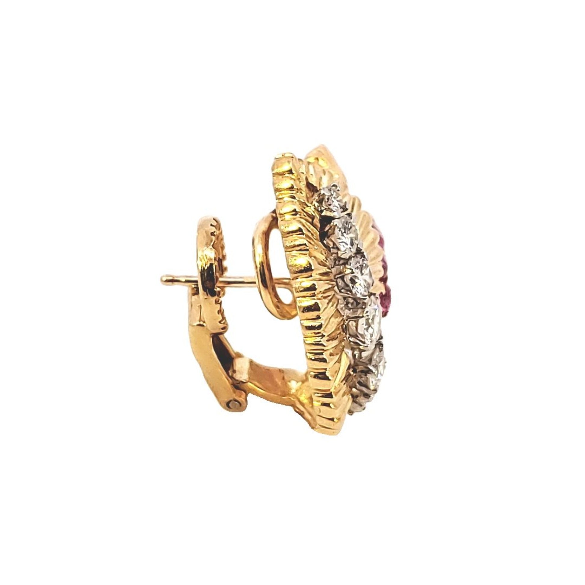1950s 18KT Yellow Gold Ruby & Diamond Earrings side