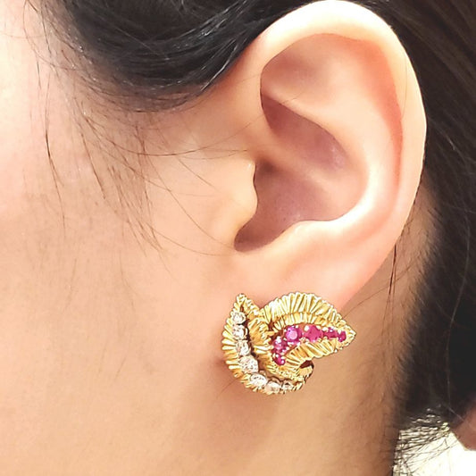 1950s 18KT Yellow Gold Ruby & Diamond Earrings worn on ear