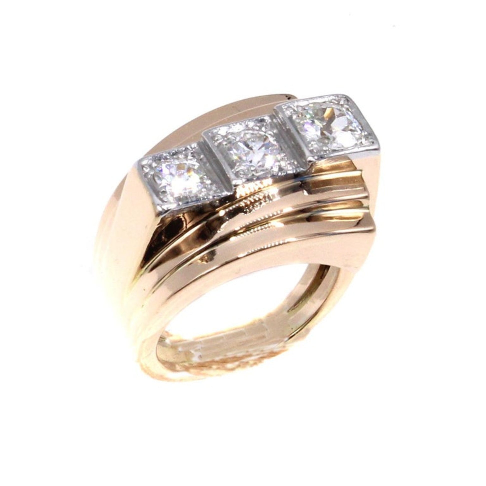 French Retro Platinum & 18KT Rose Gold Diamond Ring top