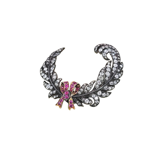 Rowlands & Frazer Antique Silver & 18KT Yellow Gold Diamond & Ruby Brooch / Hair Clip front