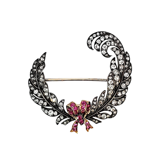 Rowlands & Frazer Antique Silver & 18KT Yellow Gold Diamond & Ruby Brooch / Hair Clip front
