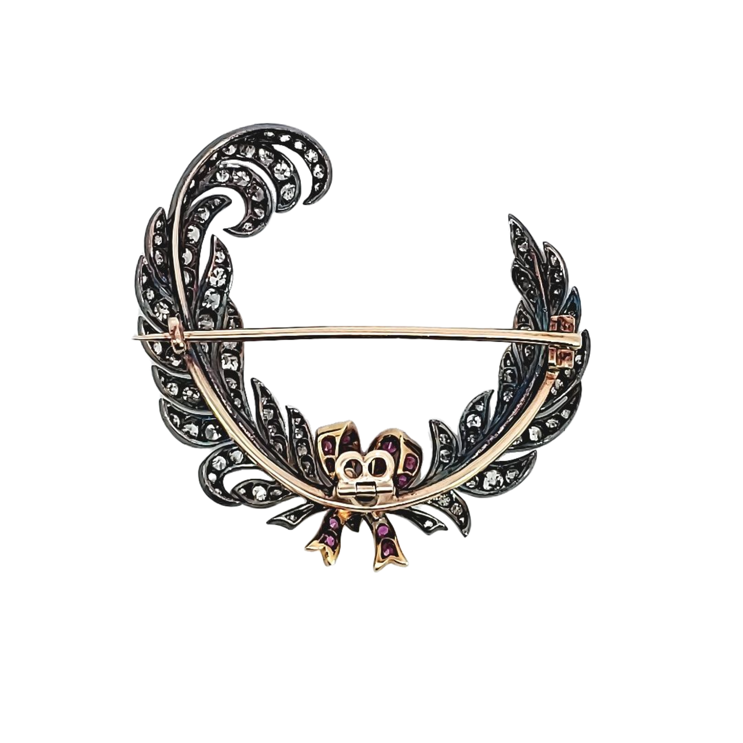 Rowlands & Frazer Antique Silver & 18KT Yellow Gold Diamond & Ruby Brooch / Hair Clip back