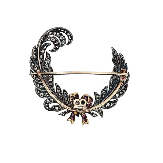 Rowlands & Frazer Antique Silver & 18KT Yellow Gold Diamond & Ruby Brooch / Hair Clip back