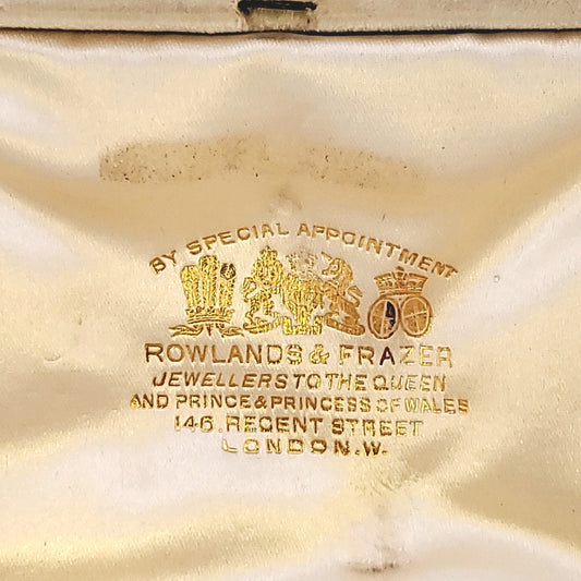 Rowlands & Frazer Antique Silver & 18KT Yellow Gold Diamond & Ruby Brooch / Hair Clip close-up box details