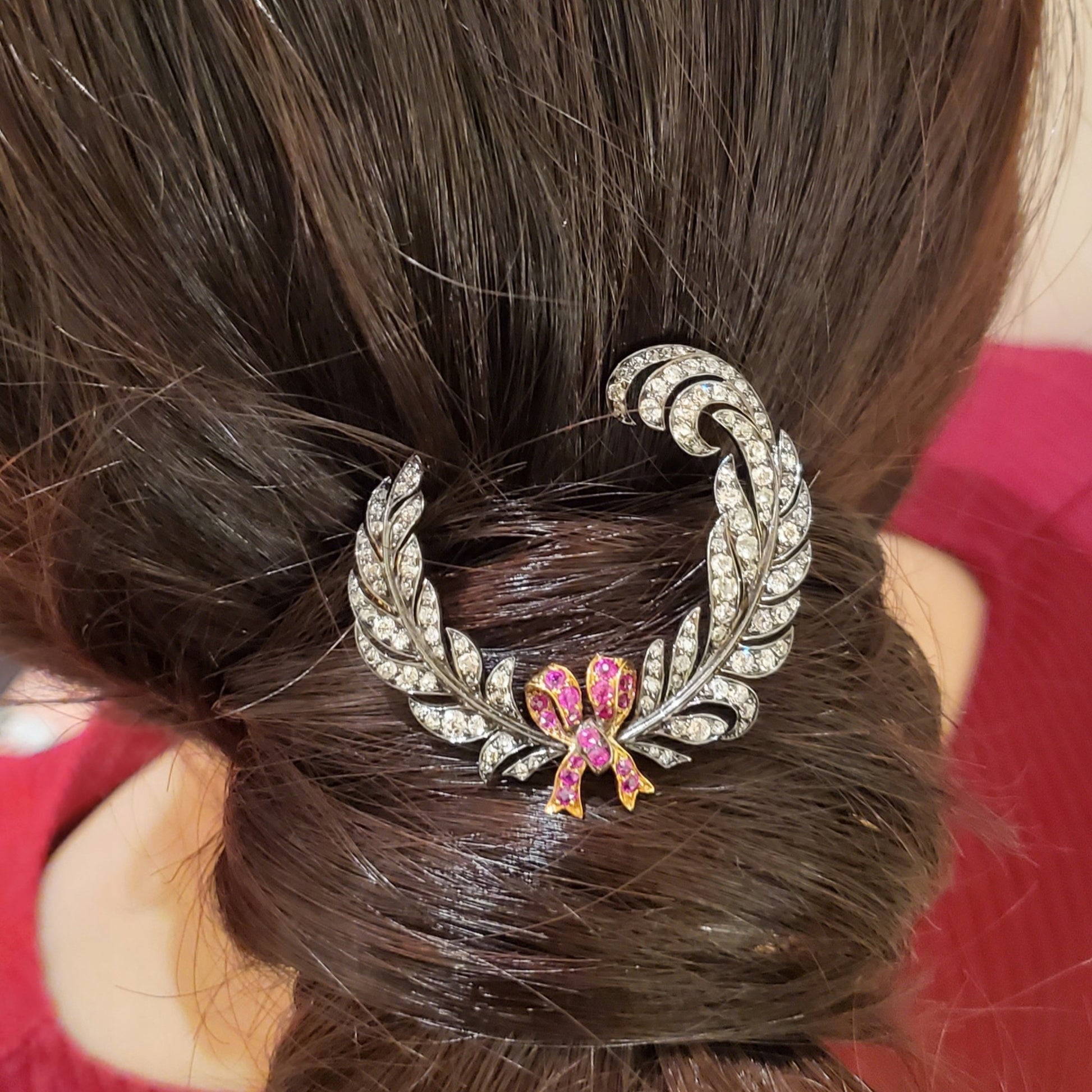 Rowlands & Frazer Antique Silver & 18KT Yellow Gold Diamond & Ruby Brooch / Hair Clip worn in hair