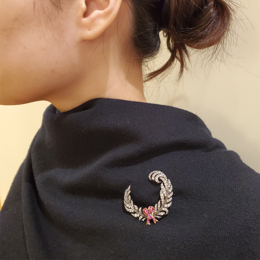 Rowlands & Frazer Antique Silver & 18KT Yellow Gold Diamond & Ruby Brooch / Hair Clip worn on scarf