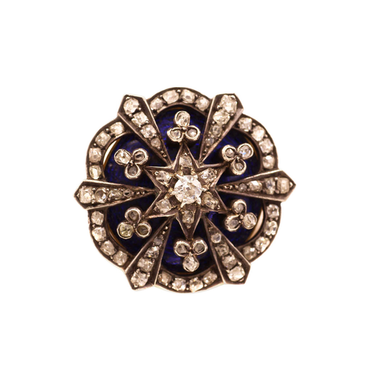 Victorian Silver & 15KT Yellow Gold Diamond & Enamel Brooch front