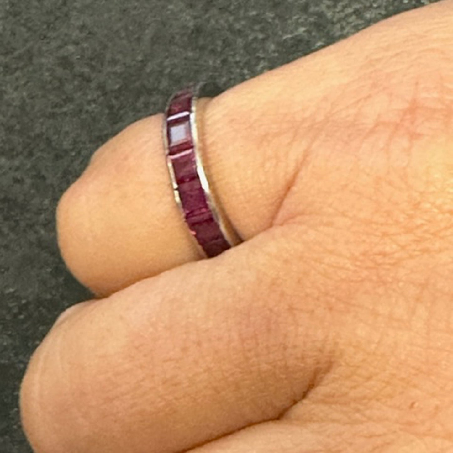 Tiffany & Co. 1970s Platinum Ruby Ring on finger