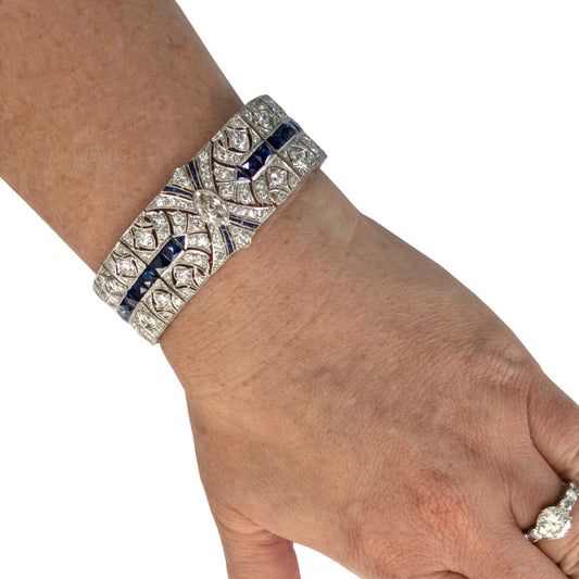 Art Deco Platinum Diamond & Sapphire Bracelet on wrist