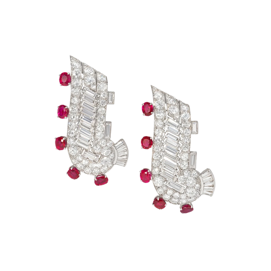 Art Deco Platinum Ruby & Diamond Brooch Clips front
