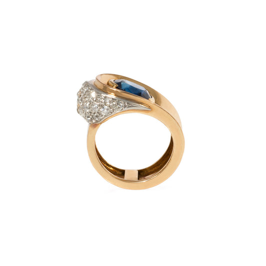 French Retro 18KT Yellow Gold Sapphire & Diamond Ring profile