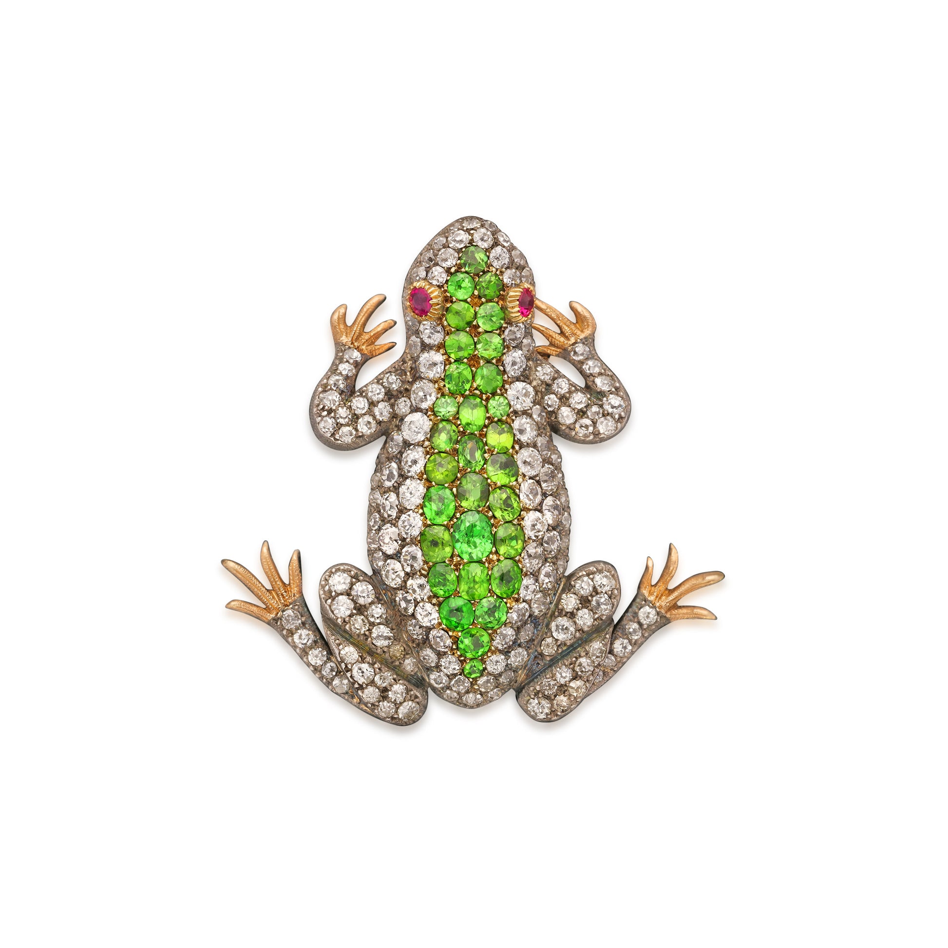 Victorian Silver & 18KT Yellow Gold Demantoid Garnet, Diamond & Ruby Frog Brooch top view