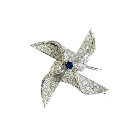 1960s Platinum Diamond & Sapphire Brooch front