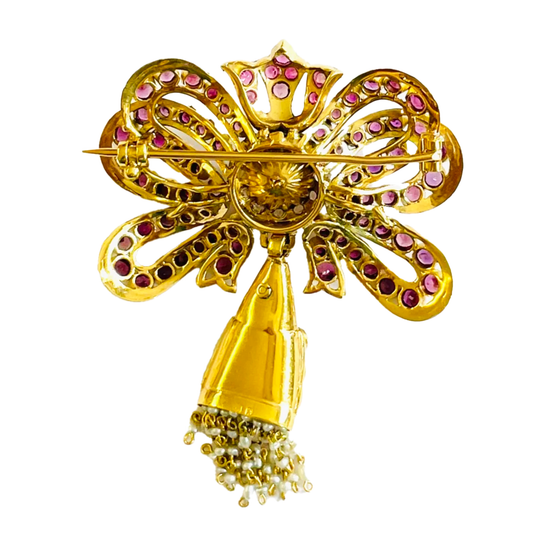 1960s 18KT Yellow Gold Ruby, Diamond & Cultured Pearl Bow Brooch back