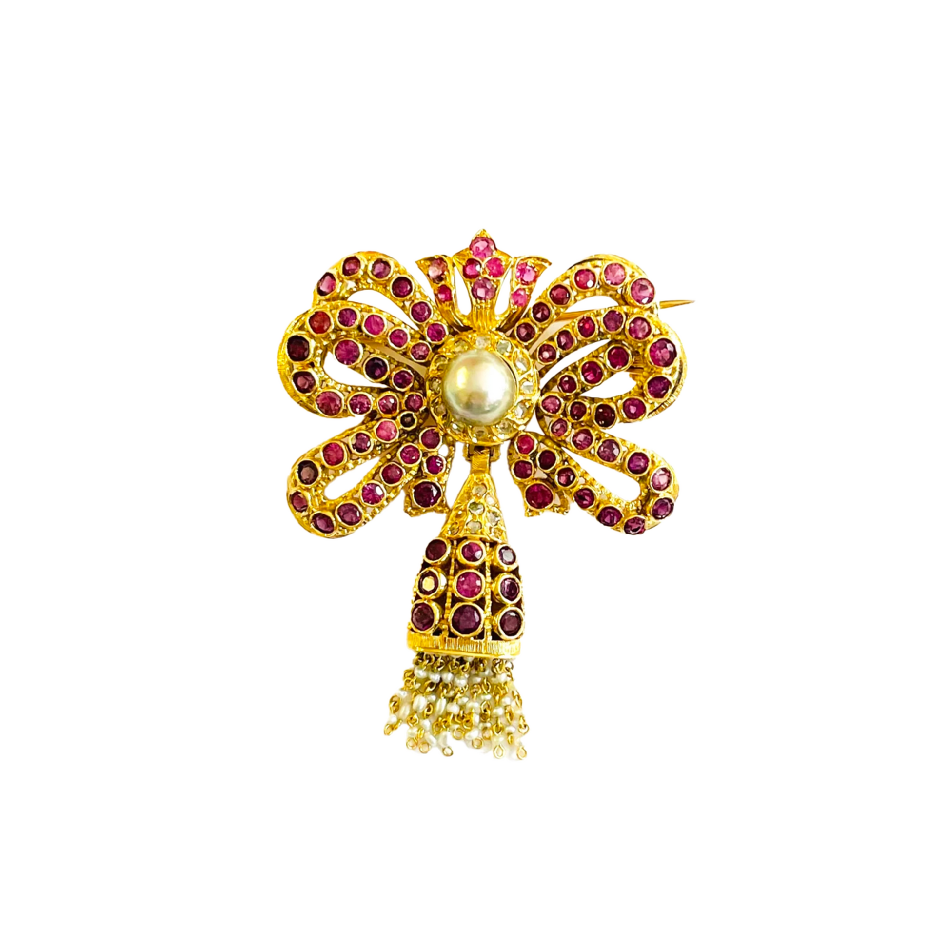 1960s 18KT Yellow Gold Ruby, Diamond & Cultured Pearl Bow Brooch front