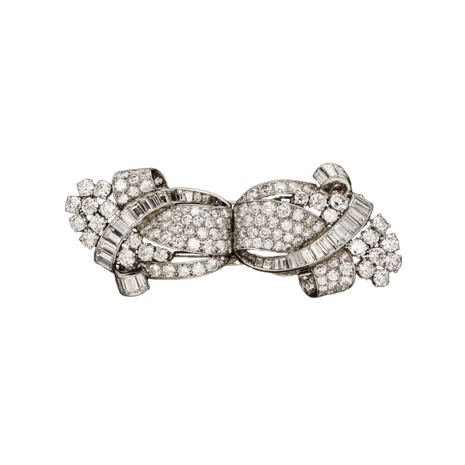 French 1930s Platinum Diamond Double Clip Brooch front view