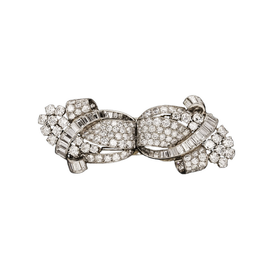 French 1930s Platinum Diamond Double Clip Brooch front view