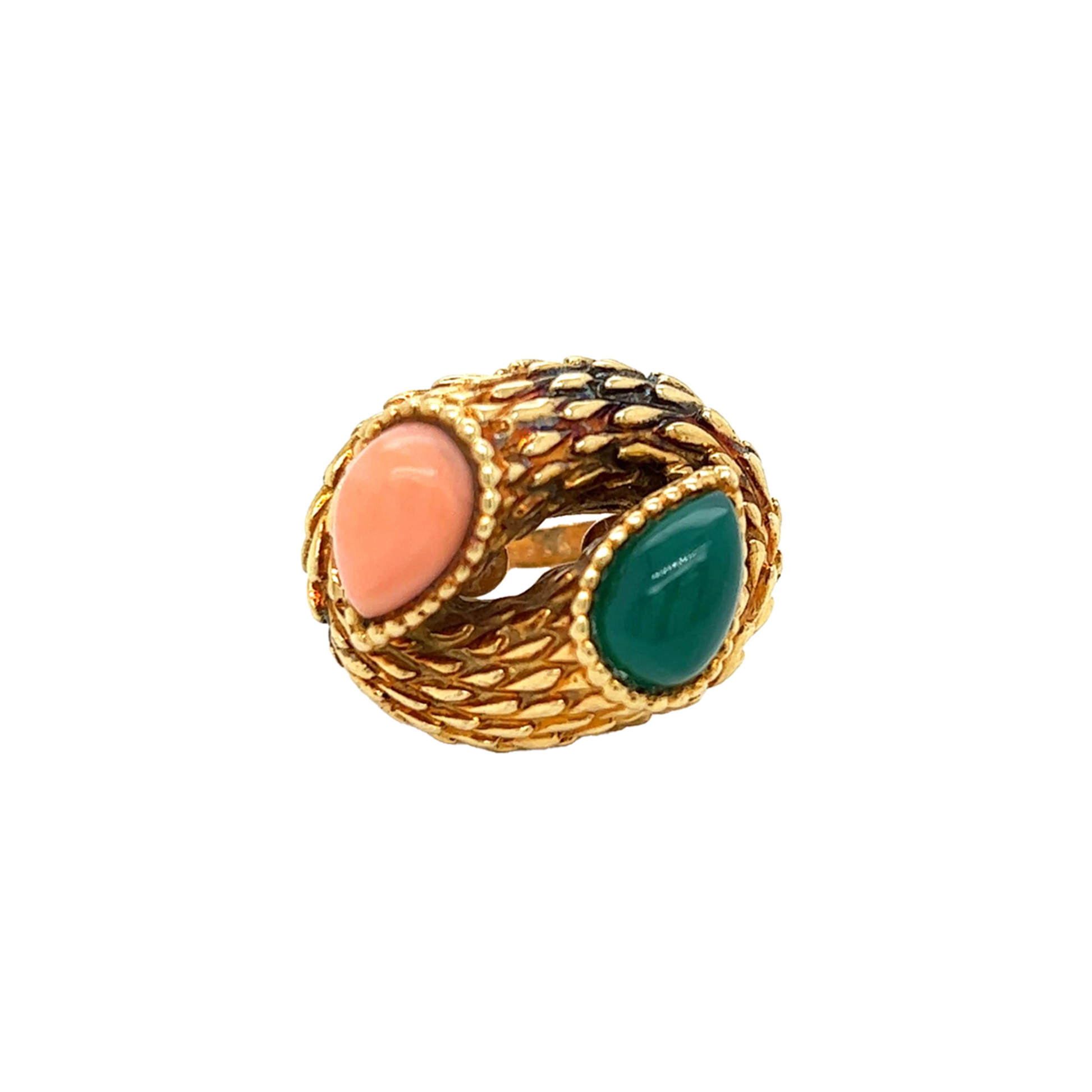 Boucheron Paris 1960s 18KT Yellow Gold Coral & Chrysoprase Ring front