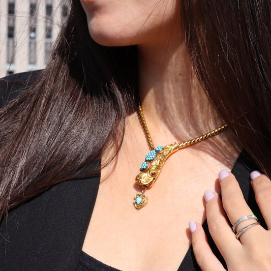 Victorian 18KT Yellow Gold Garnet & Turquoise Snake Necklace on neck