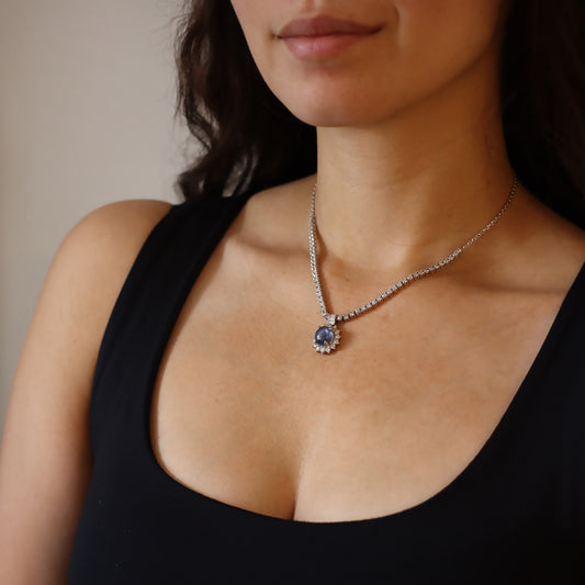 Post-1980s 18KT White Gold Diamond & Sapphire Necklace on neck