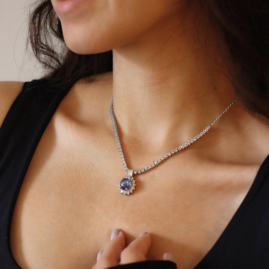 Post-1980s 18KT White Gold Diamond & Sapphire Necklace on neck